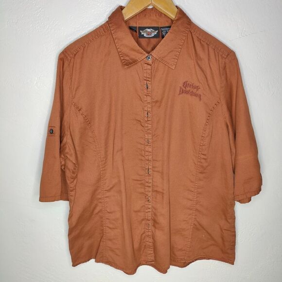 Harley Davidson Embroidered Rust Orange Button Down Top - Picture 2 of 15